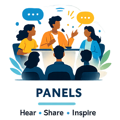 graphic with words: Panels, Hear, Share, Inspire
