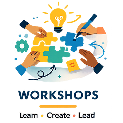 graphic with words: Workshop, Learn, Create, Lead