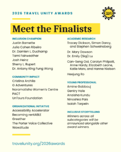 2026 Travel Unity Awards: Meet the Finalists. Finalists listed by category: Inclusion Champion, Community Impact, Organizational Initiative, Academic Research, Young Professional, and Inclusive Storytelling. travelunity.org/2026awards