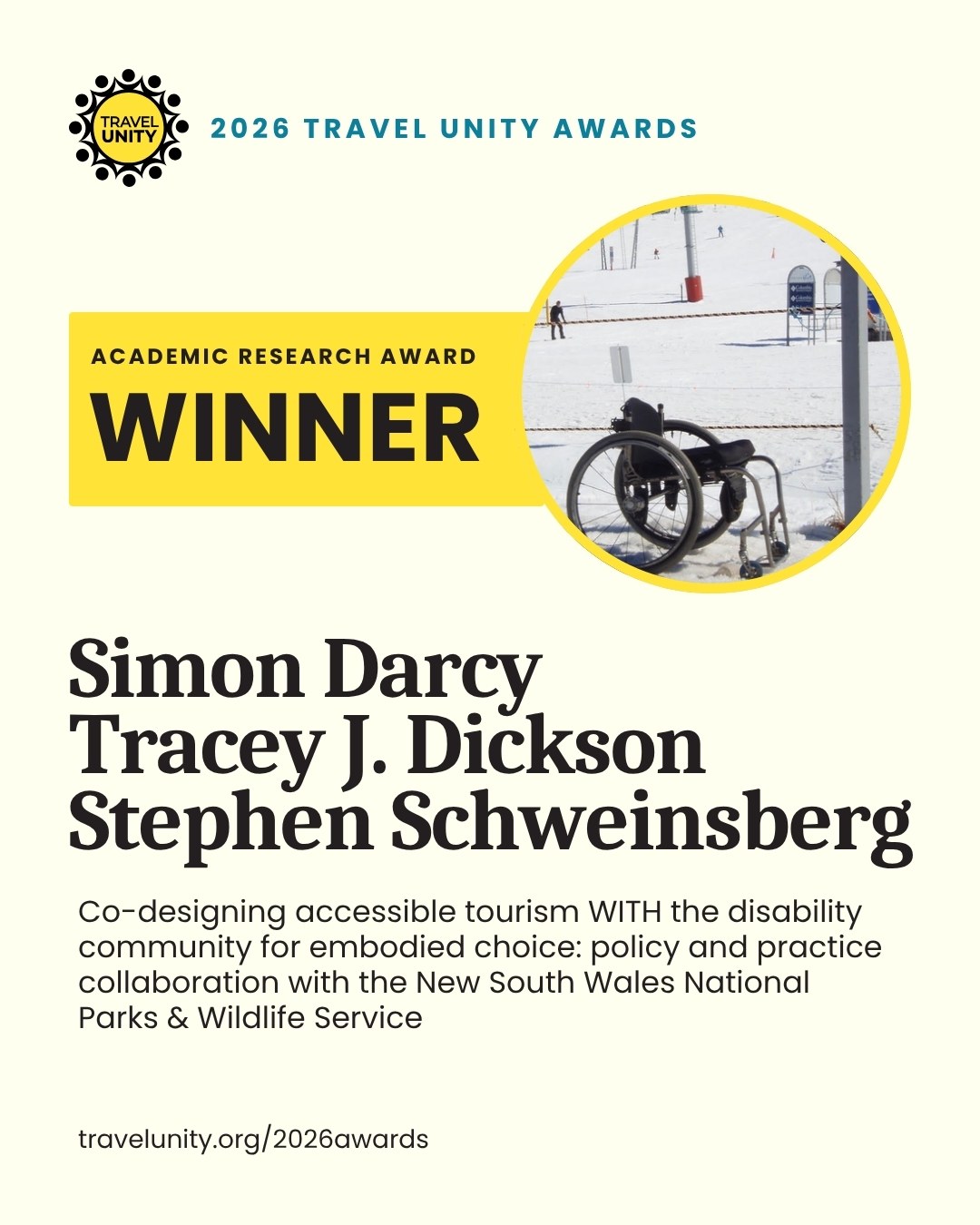 2026 Travel Unity Awards Academic Research winner: Simon Darcy, Tracey Dickson, and Stephen Schweinsberg