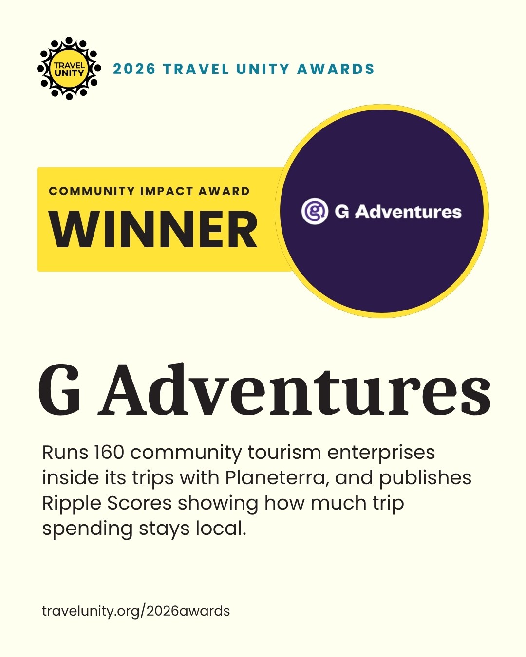 2026 Travel Unity Awards Community Impact winner: G Adventures