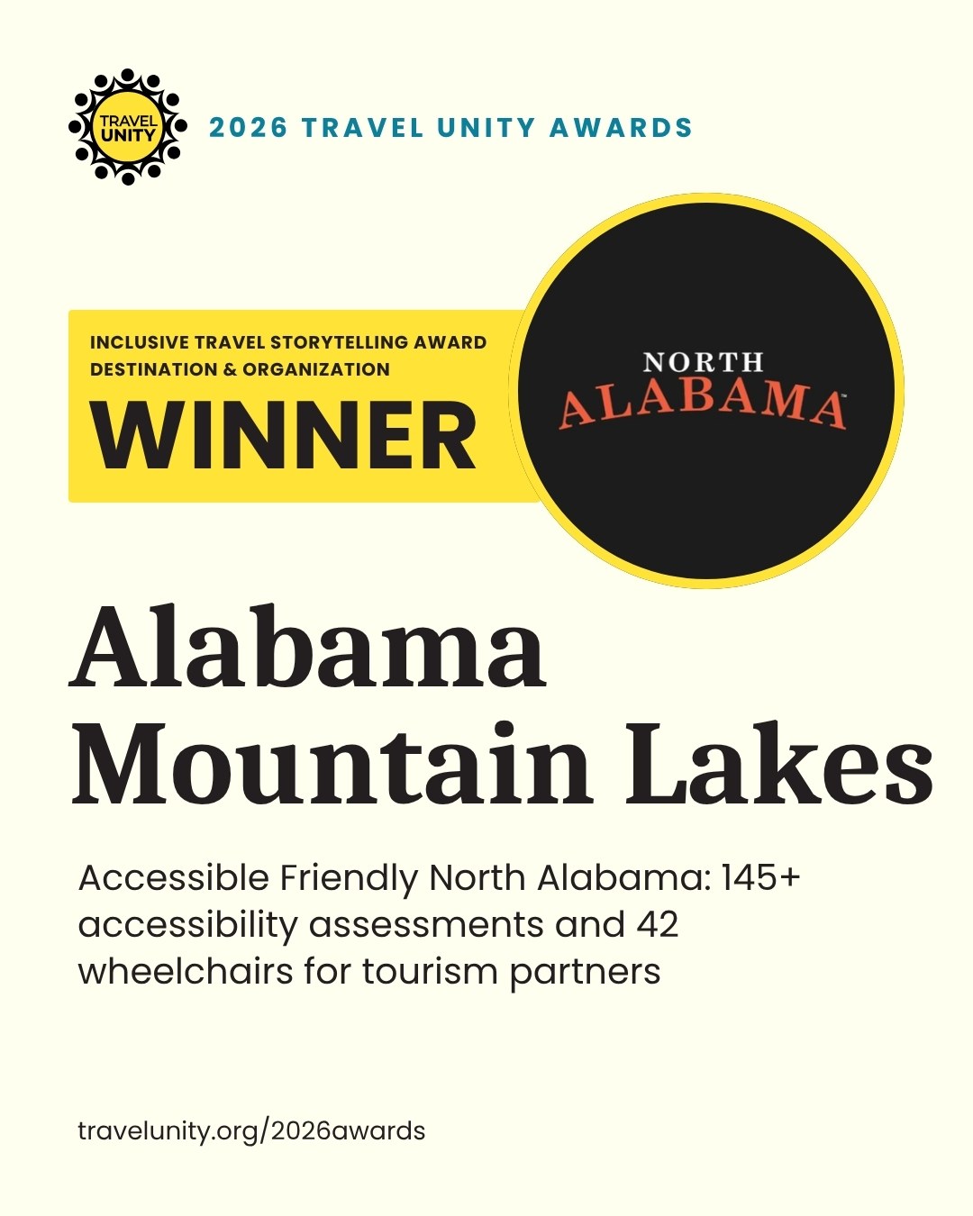 2026 Travel Unity Awards Inclusive Travel Storytelling, Destination and Organization winner: Alabama Mountain Lakes