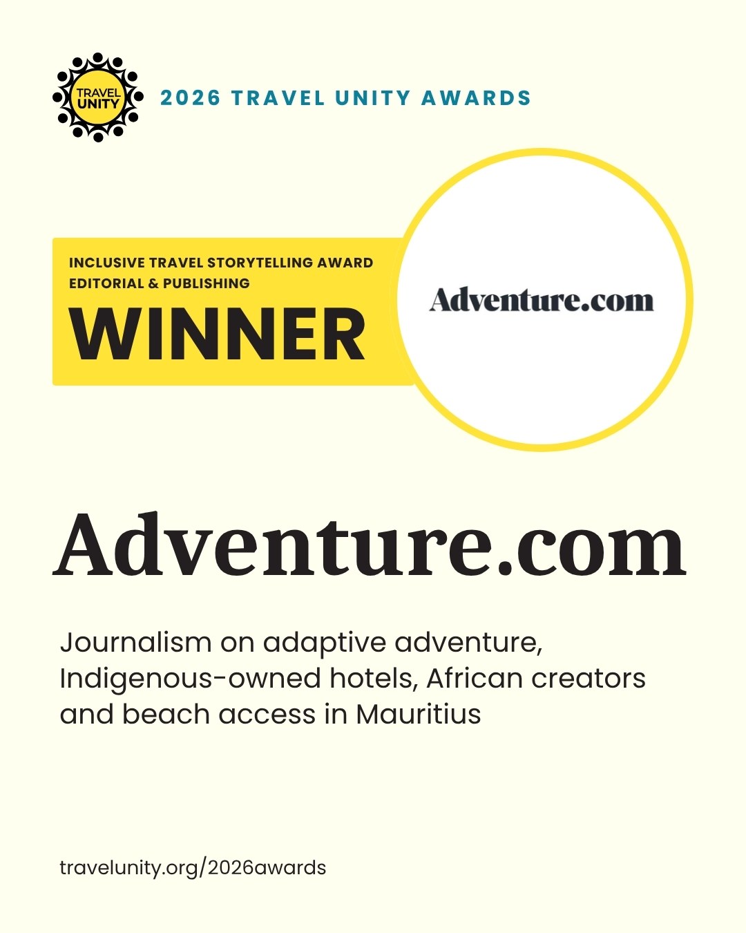2026 Travel Unity Awards Inclusive Travel Storytelling, Editorial and Publishing winner: Adventure.com